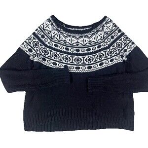 Womens American Eagle Fair Isle Nordic Chunky Knit Black White Sweater Medium